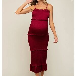 Pink Blush Burgundy Satin Smocked Fitted Maternity Midi Dress